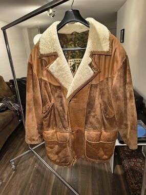 Vintage Finland Full Grain Leather Suede Coat Brown Sherpa Collar